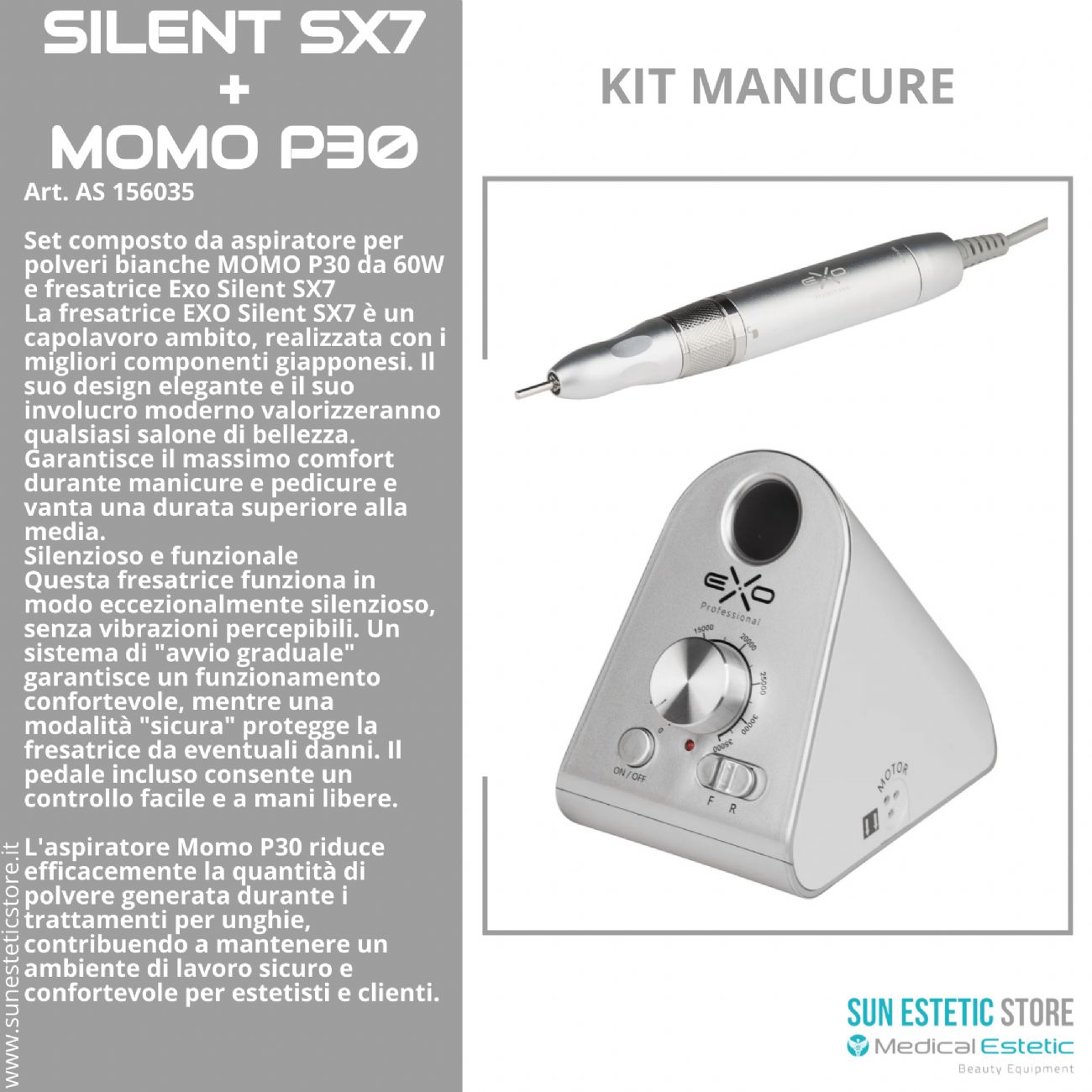 MOMO P30 aspiratore da 60W e fresa Exo Silent SX kit manicure