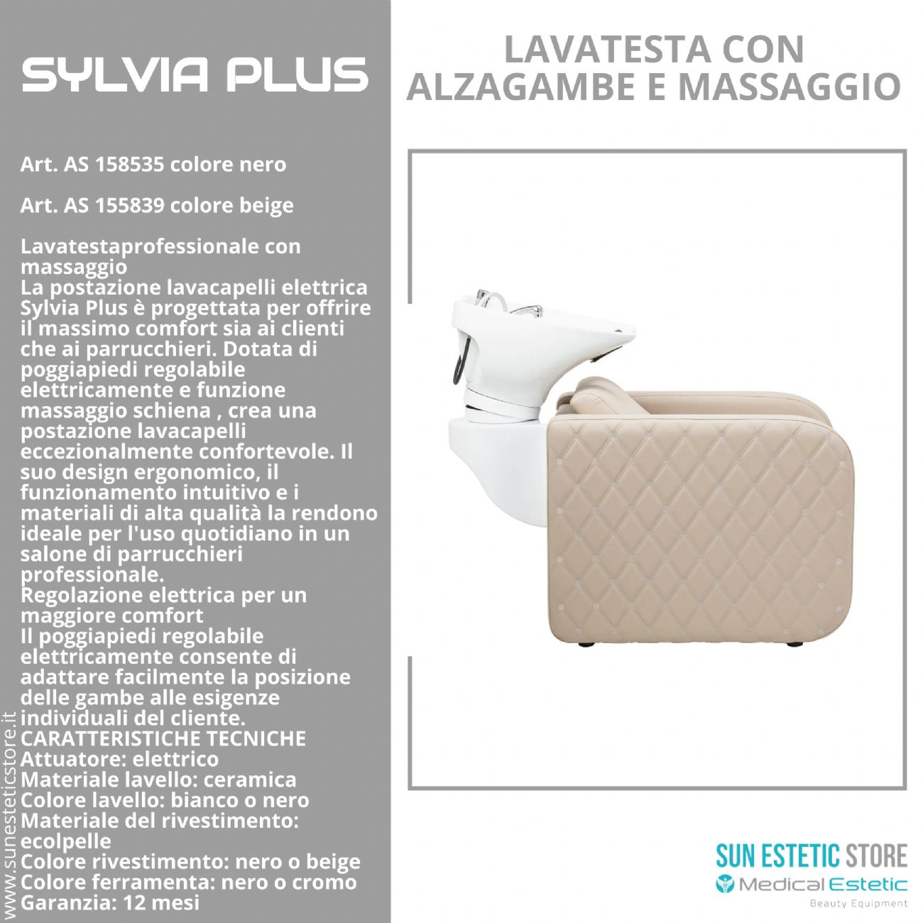 Sylvia Plus – Postazione Lavatesta Elettrica con Massaggio