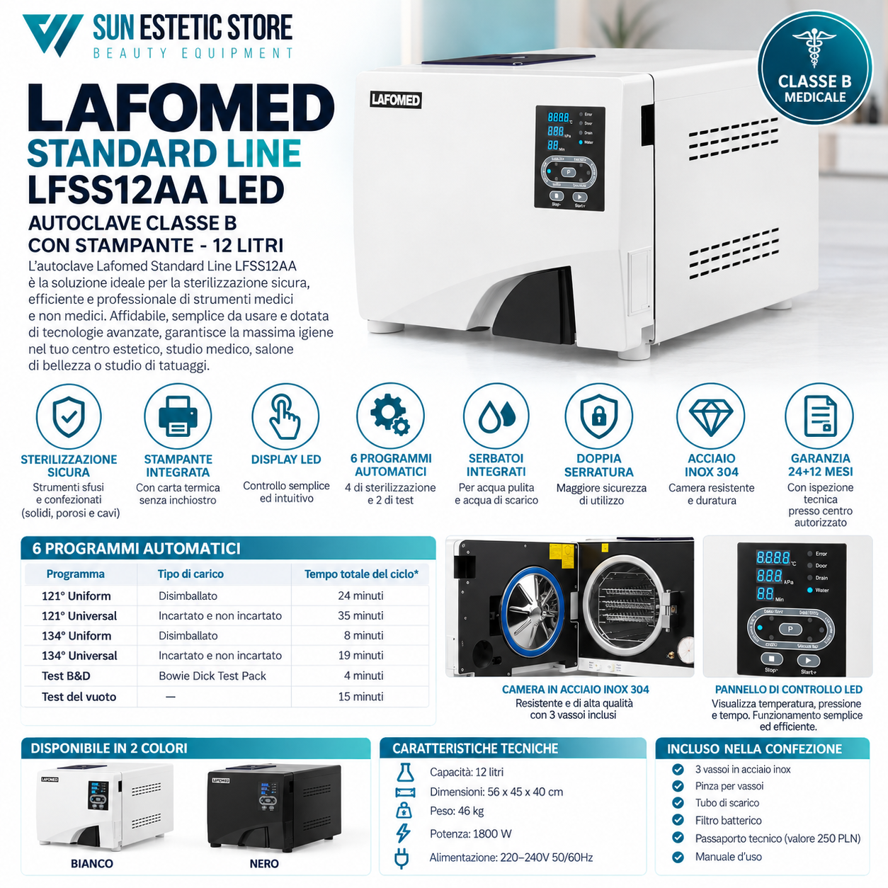 Lafomed Standard Line LFSS12AA – Autoclave 12 Litri Classe B con Stampante e Display LED