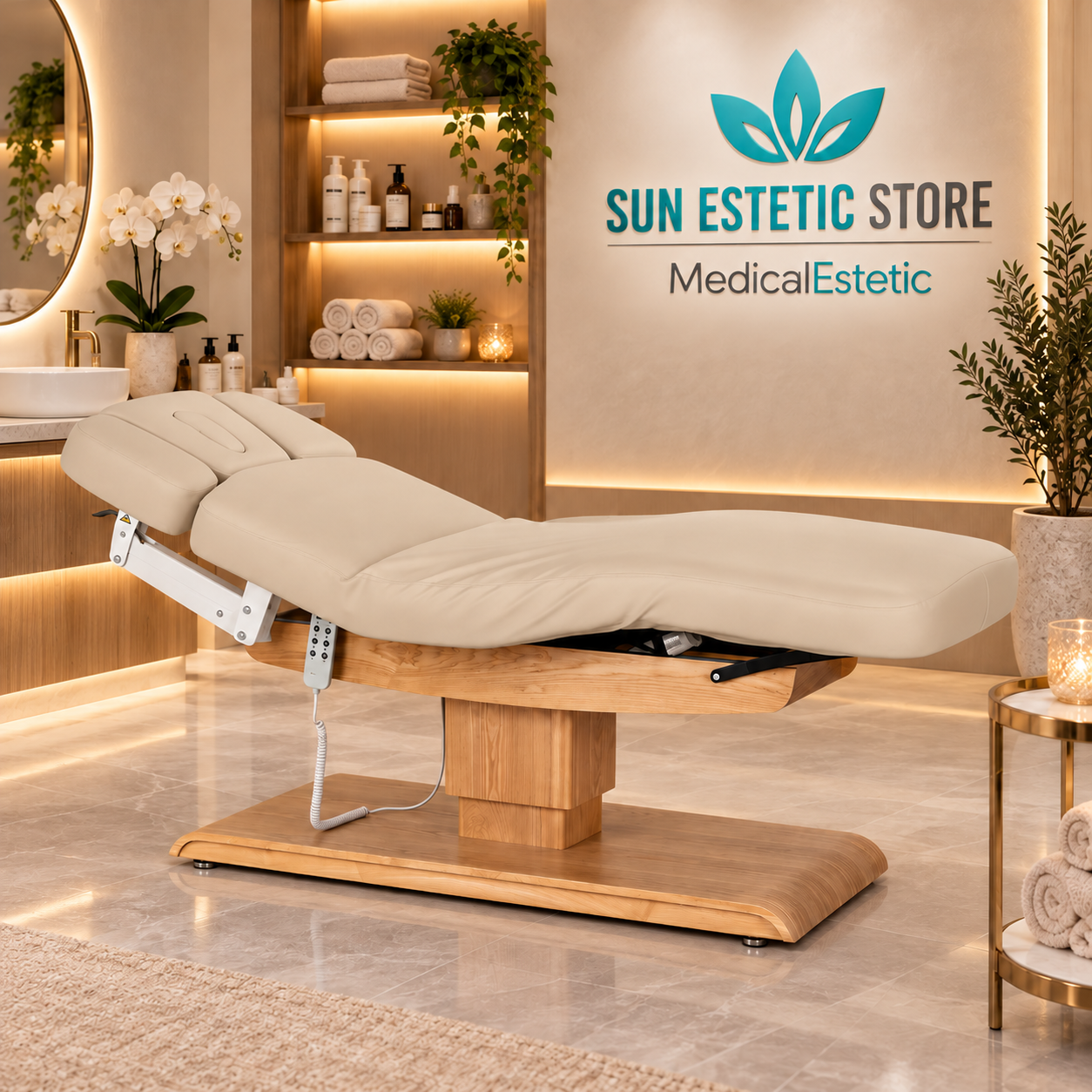 Sillon Relax – Lettino Elettrico con Base in Legno Marrone Chiaro per Estetica e SPA