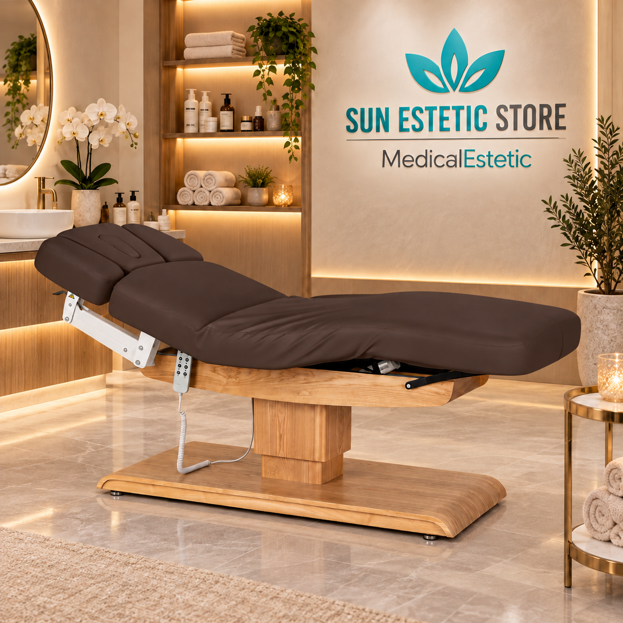 Sillon Relax – Lettino Elettrico con Base in Legno Marrone Chiaro per Estetica e SPA