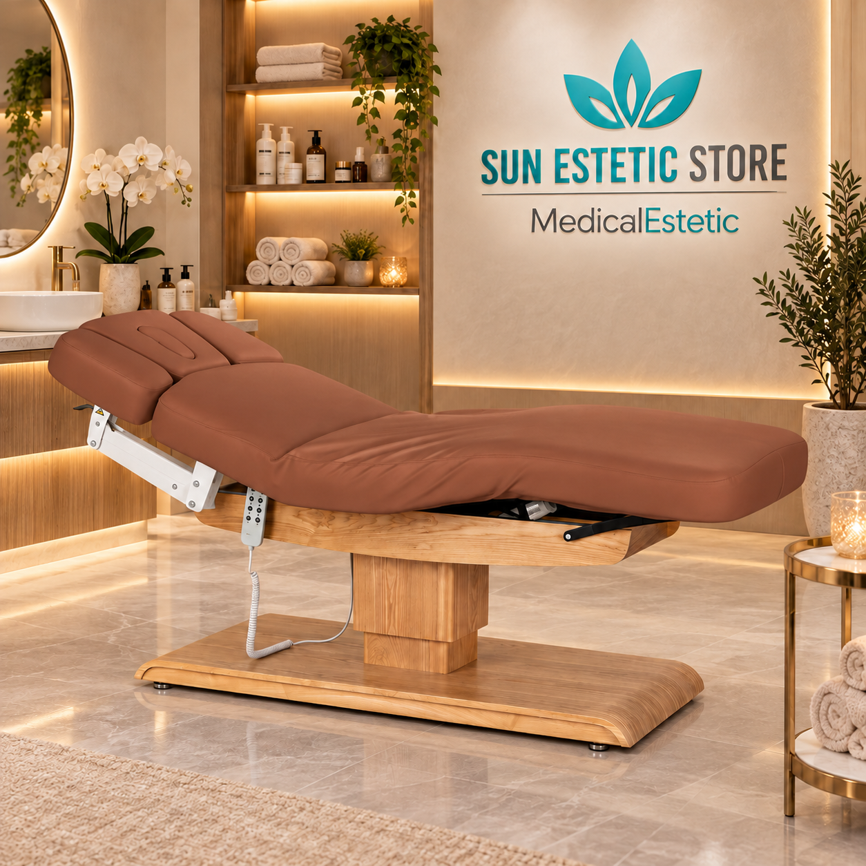 Sillon Relax – Lettino Elettrico con Base in Legno Marrone Chiaro per Estetica e SPA