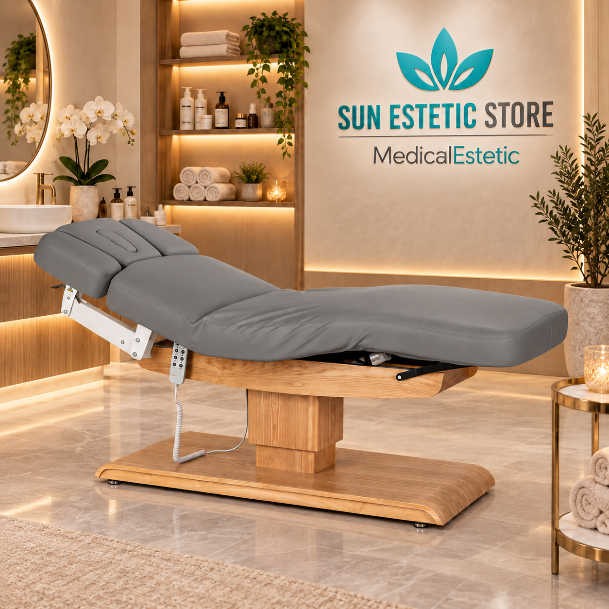 Sillon Relax – Lettino Elettrico con Base in Legno Marrone Chiaro per Estetica e SPA