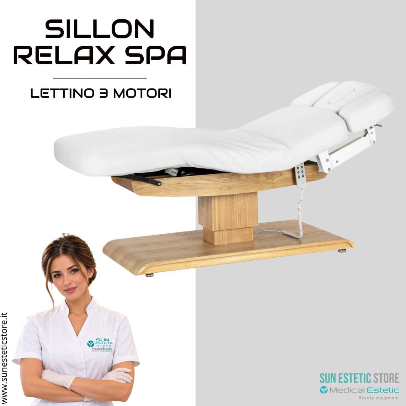 Sillon Relax – Lettino Elettrico con Base in Legno Marrone Chiaro per Estetica e SPA
