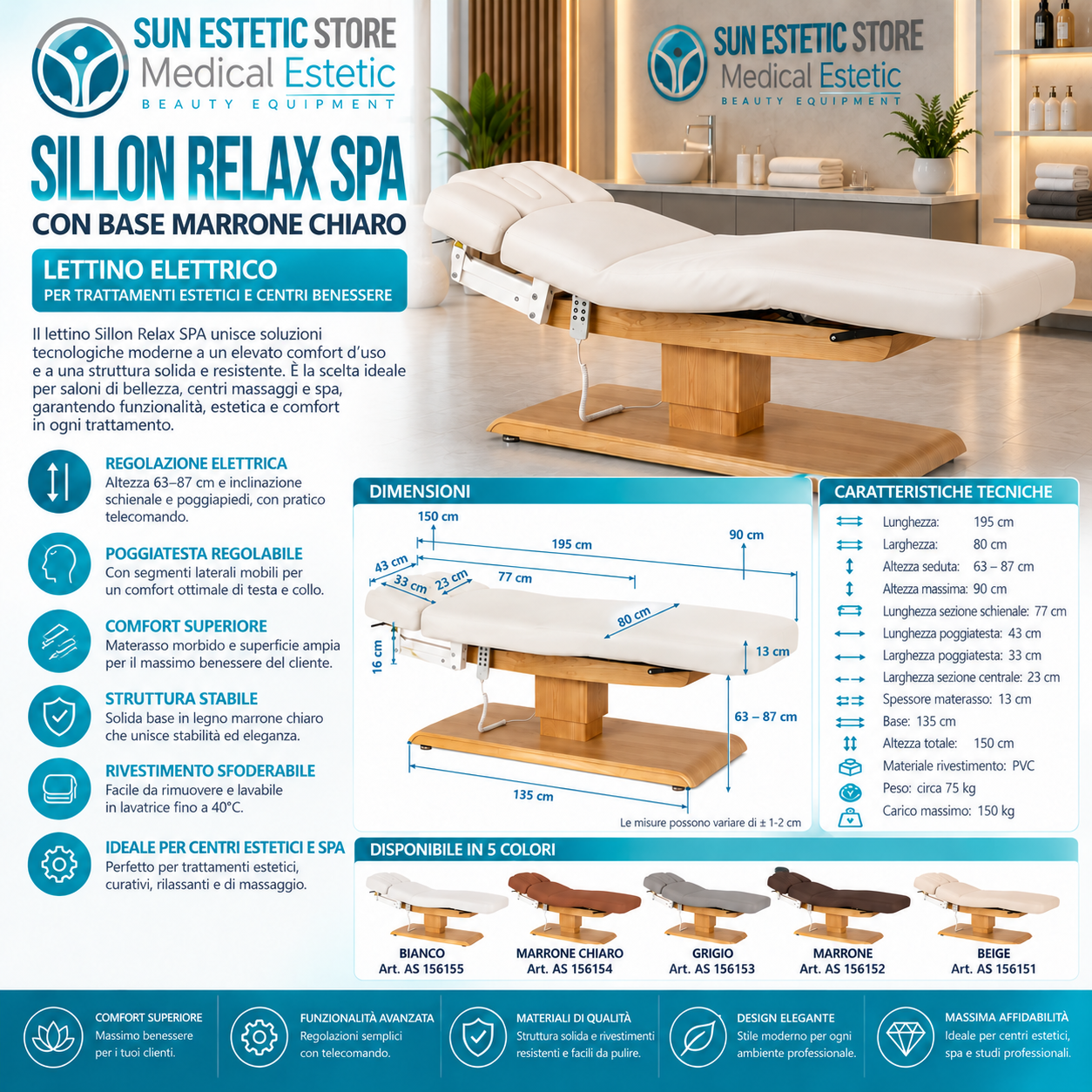 Sillon Relax – Lettino Elettrico con Base in Legno Marrone Chiaro per Estetica e SPA