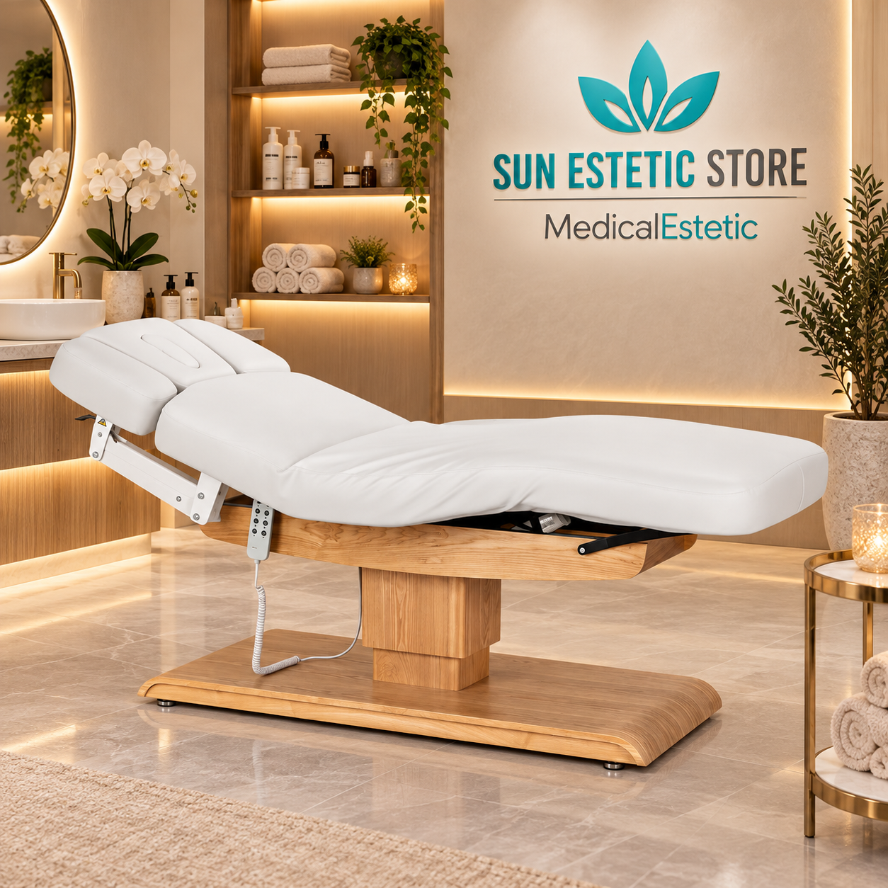 Sillon Relax – Lettino Elettrico con Base in Legno Marrone Chiaro per Estetica e SPA