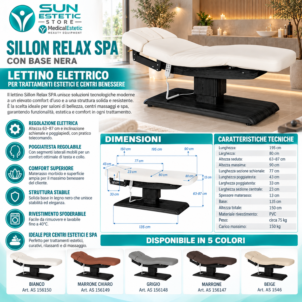 Sillon Relax SPA – Lettino Elettrico con Base Nera per Estetica e Centri Benessere