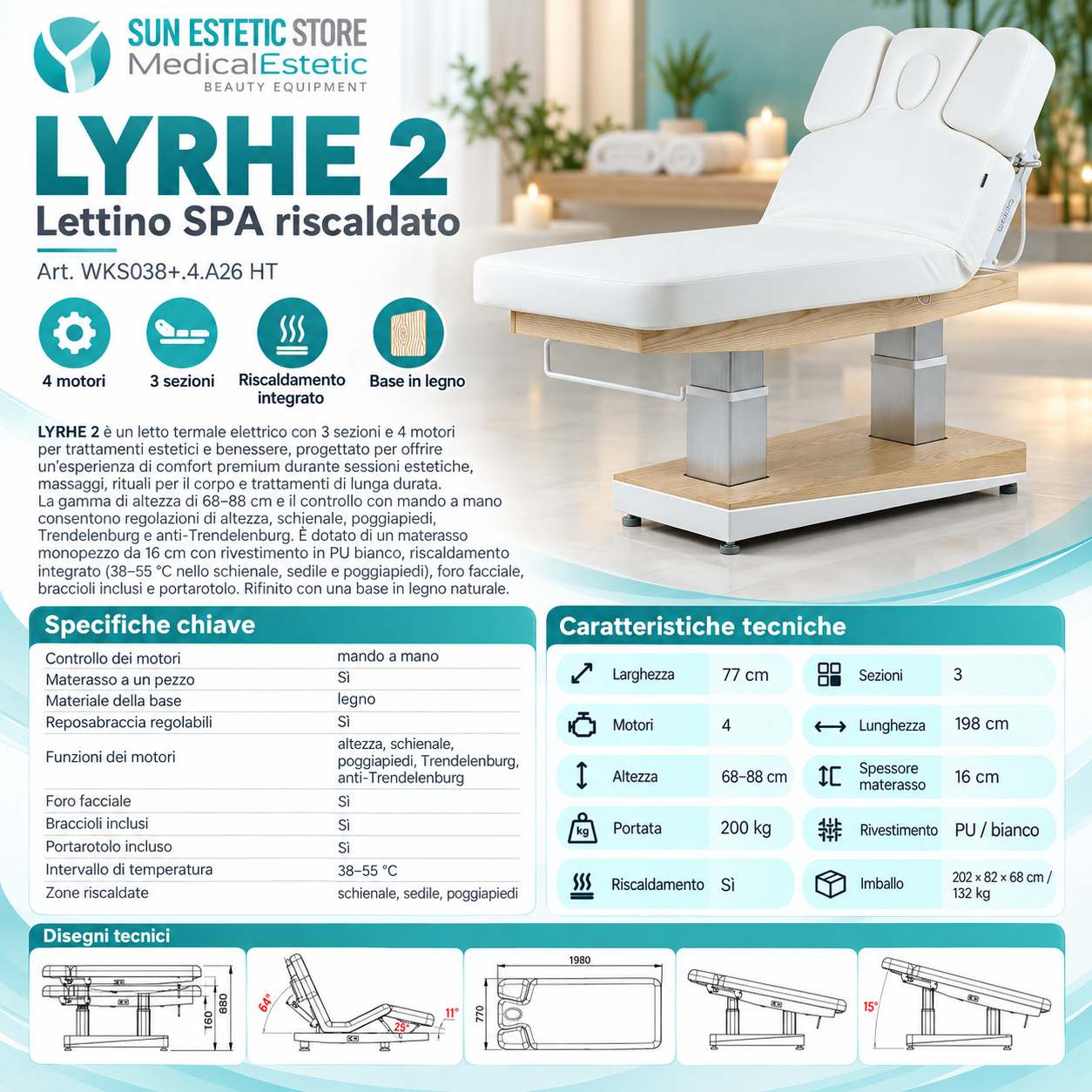 Lyrhe 2 – Lettino Riscaldato 4 Motori con Trendelenburg