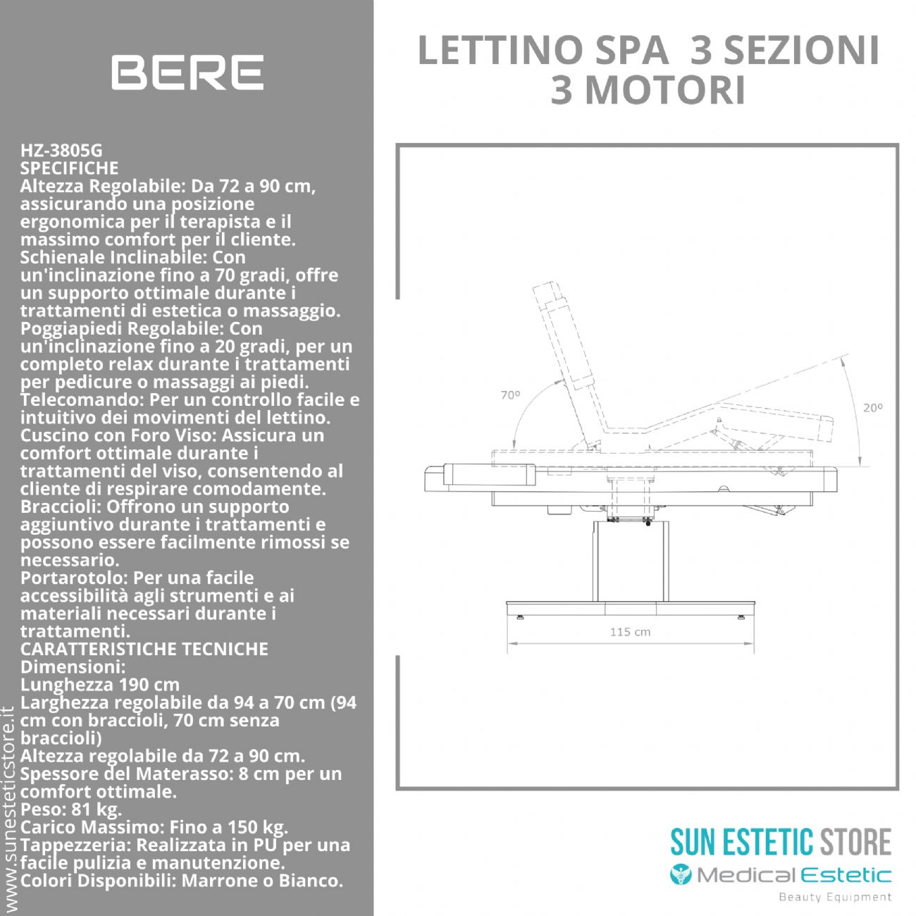 BERE Lettino massaggio SPA 2 snodi 2 motori