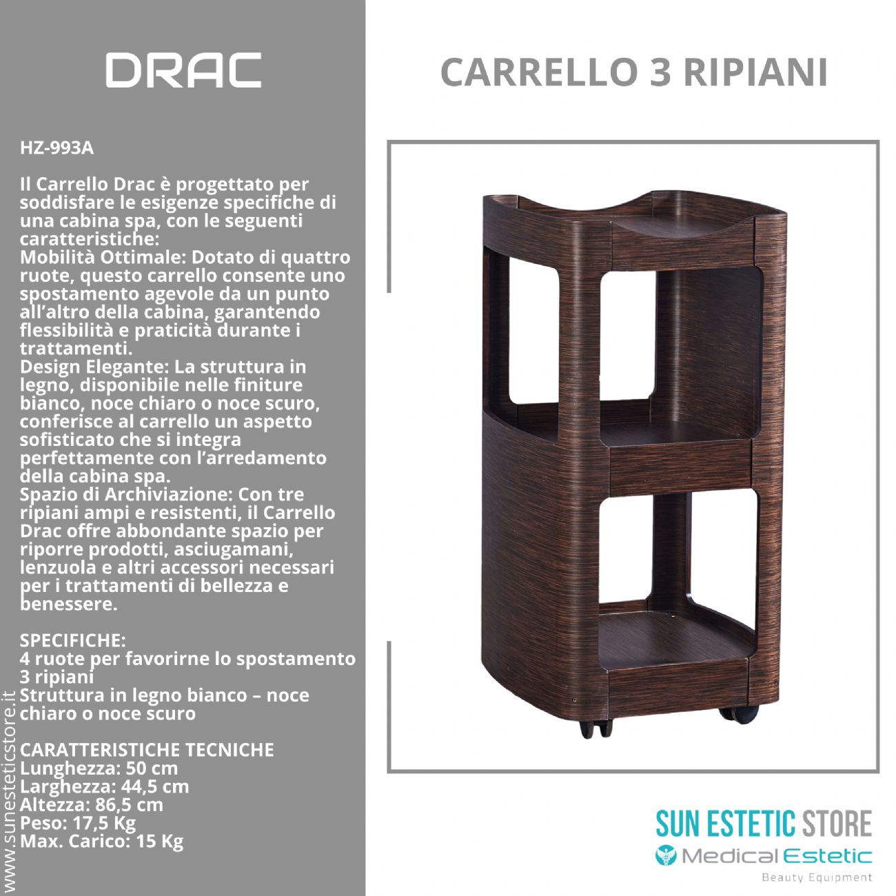 DRAC Carrello in legno 3 ripiani colore bianco