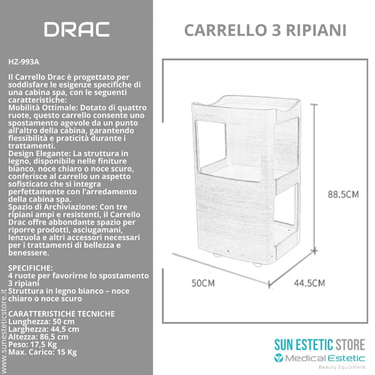 DRAC Carrello in legno 3 ripiani colore bianco