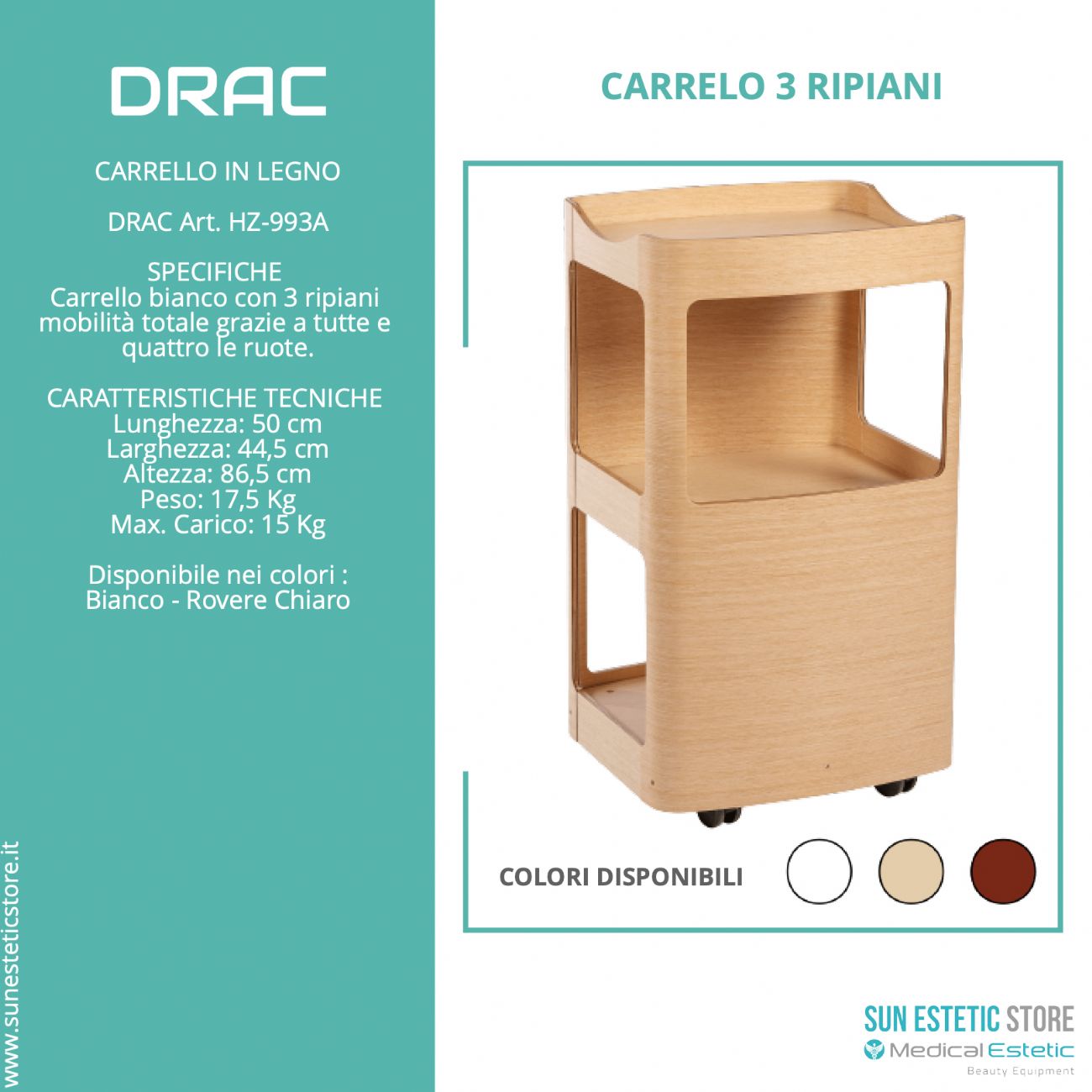 DRAC Carrello in legno 3 ripiani colore bianco