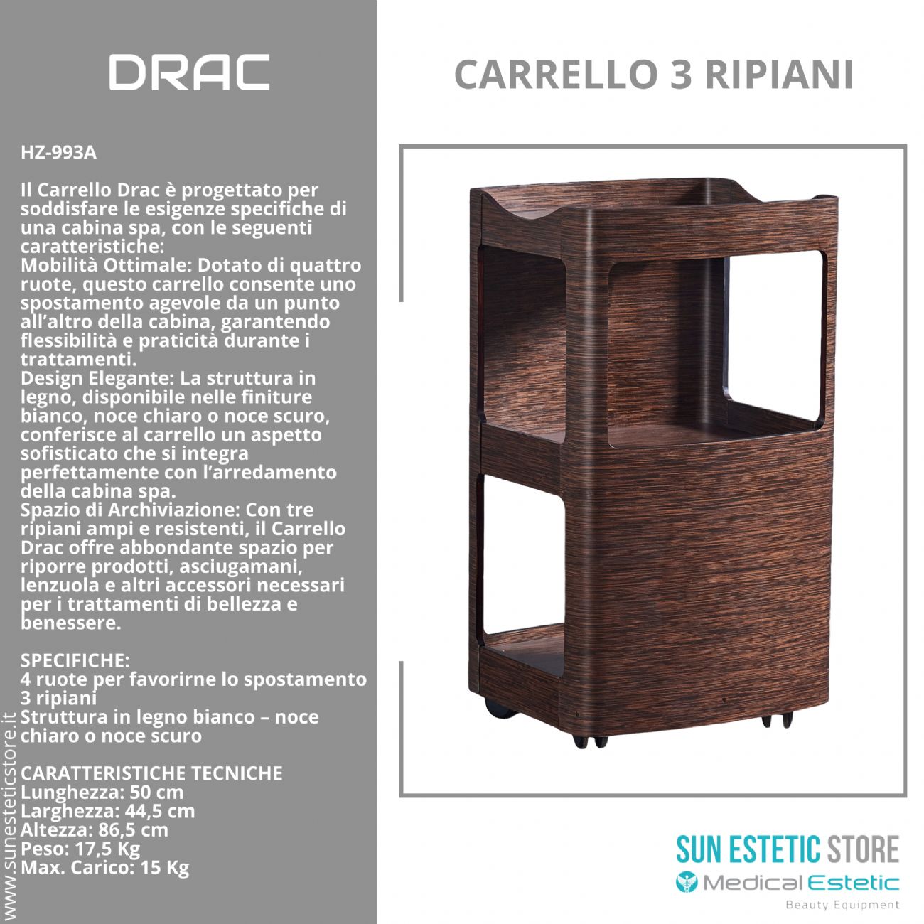 DRAC Carrello in legno 3 ripiani colore bianco