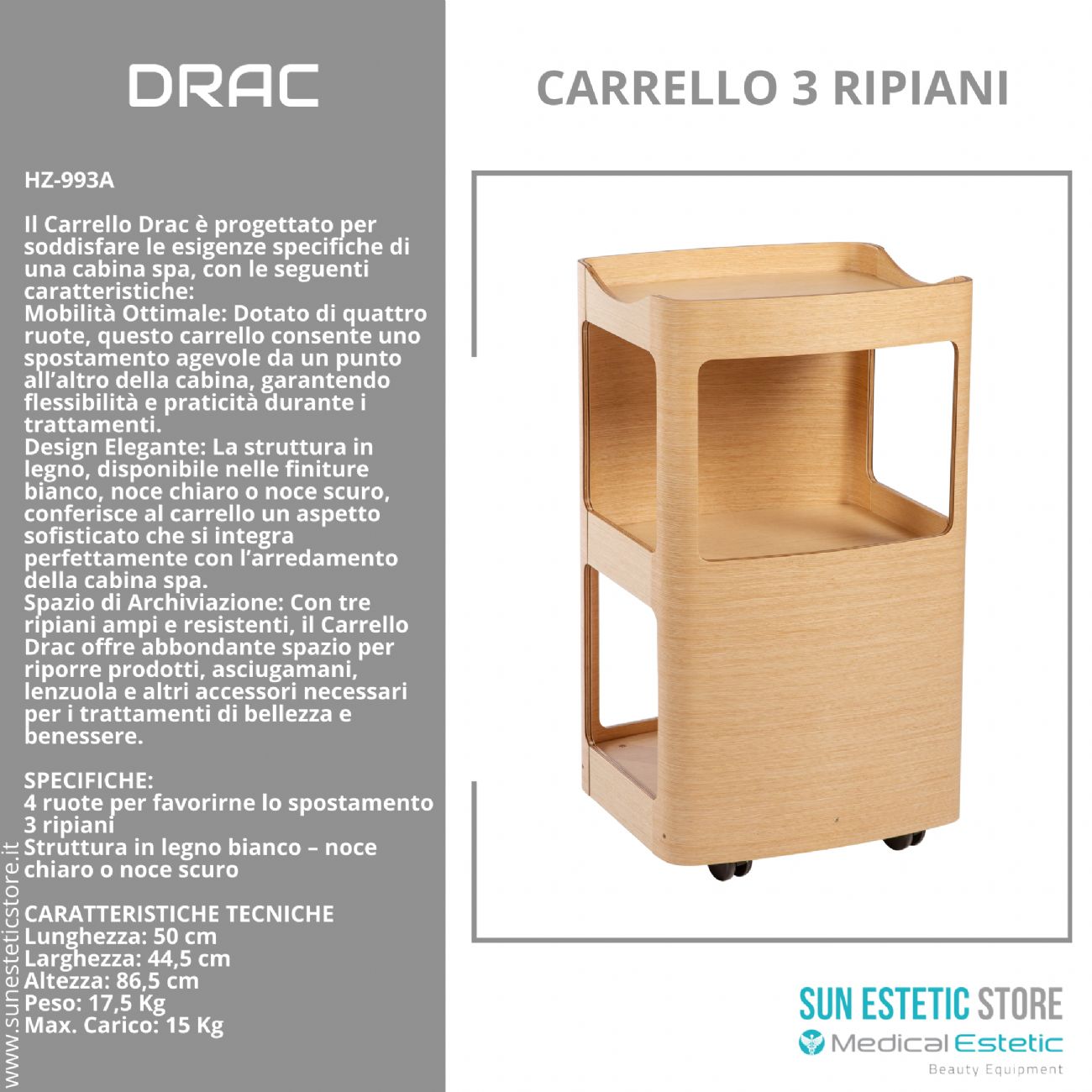 DRAC Carrello in legno 3 ripiani colore bianco