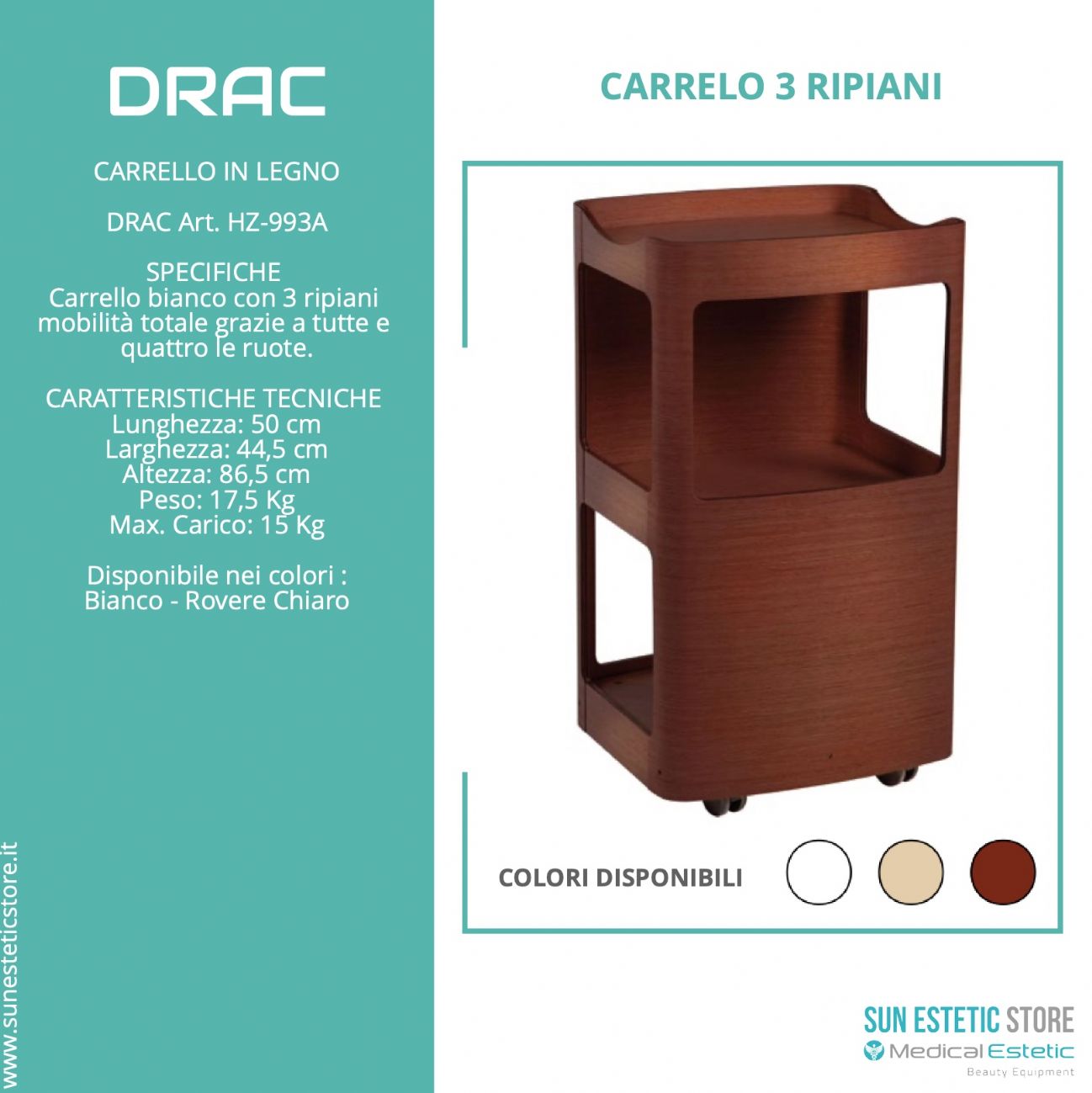 DRAC Carrello in legno 3 ripiani colore bianco