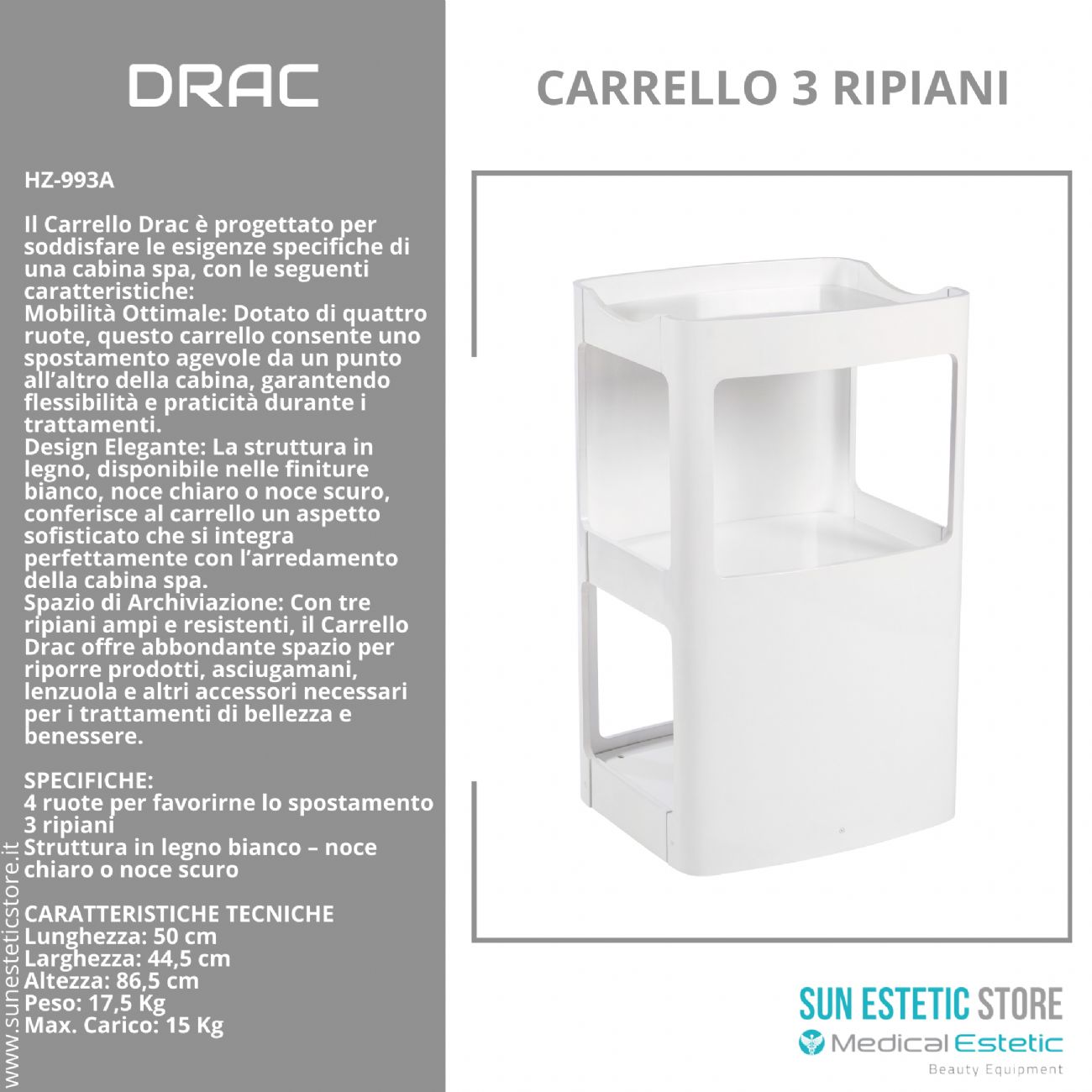 DRAC Carrello in legno 3 ripiani colore bianco