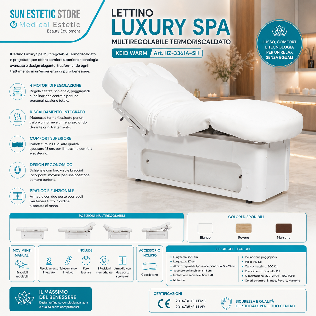 KEID WARM Lettino massaggio SPA in legno 4 motori termoriscaldato con cassettiera portaoggetti