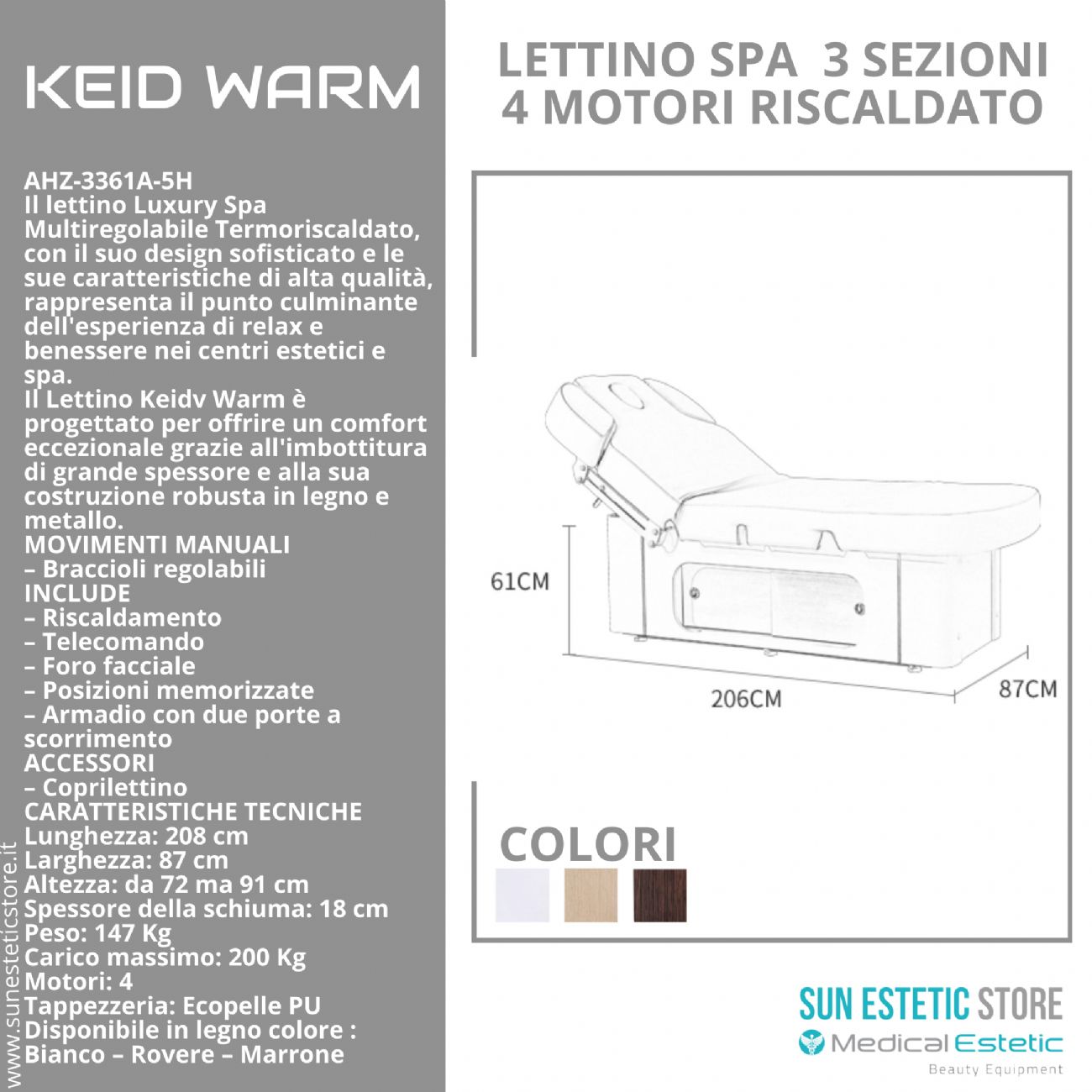 KEID WARM Lettino massaggio SPA in legno 4 motori termoriscaldato con cassettiera portaoggetti