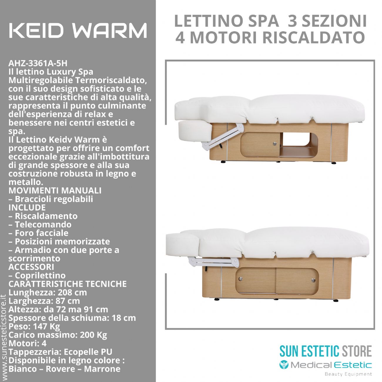 KEID WARM Lettino massaggio SPA in legno 4 motori termoriscaldato con cassettiera portaoggetti