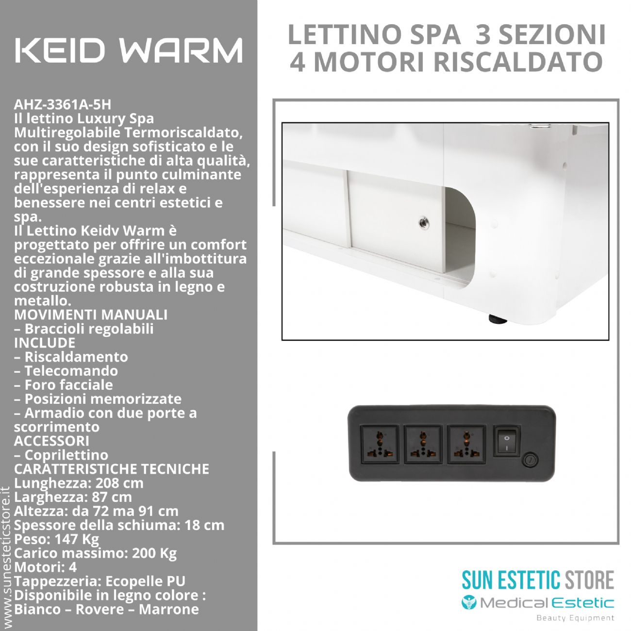 KEID WARM Lettino massaggio SPA in legno 4 motori termoriscaldato con cassettiera portaoggetti