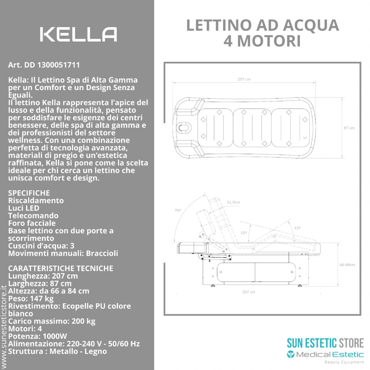 KELLA Lettino SPA ad acqua 4 motori  termoriscaldato con comoterapia e cassettiera portaoggetti