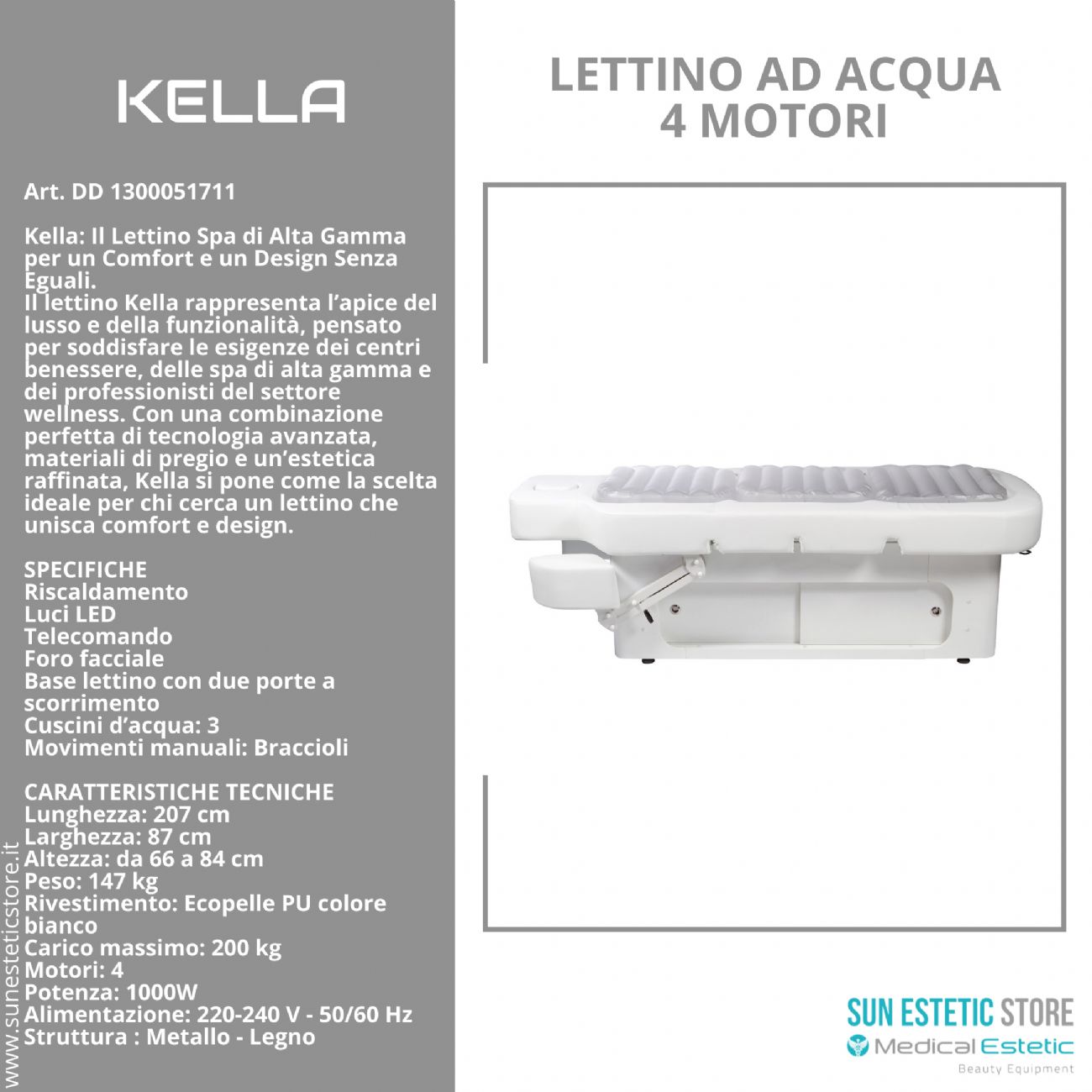 KELLA Lettino SPA ad acqua 4 motori  termoriscaldato con comoterapia e cassettiera portaoggetti