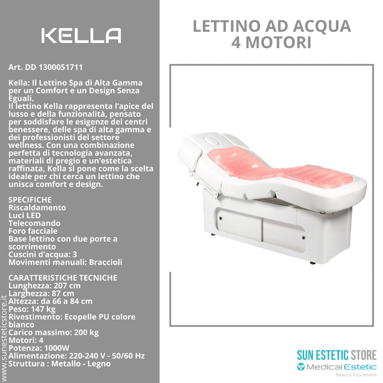 KELLA Lettino SPA ad acqua 4 motori  termoriscaldato con comoterapia e cassettiera portaoggetti