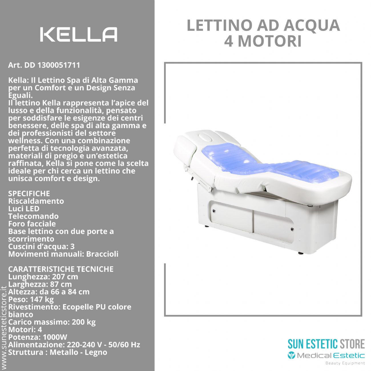 KELLA Lettino SPA ad acqua 4 motori  termoriscaldato con comoterapia e cassettiera portaoggetti