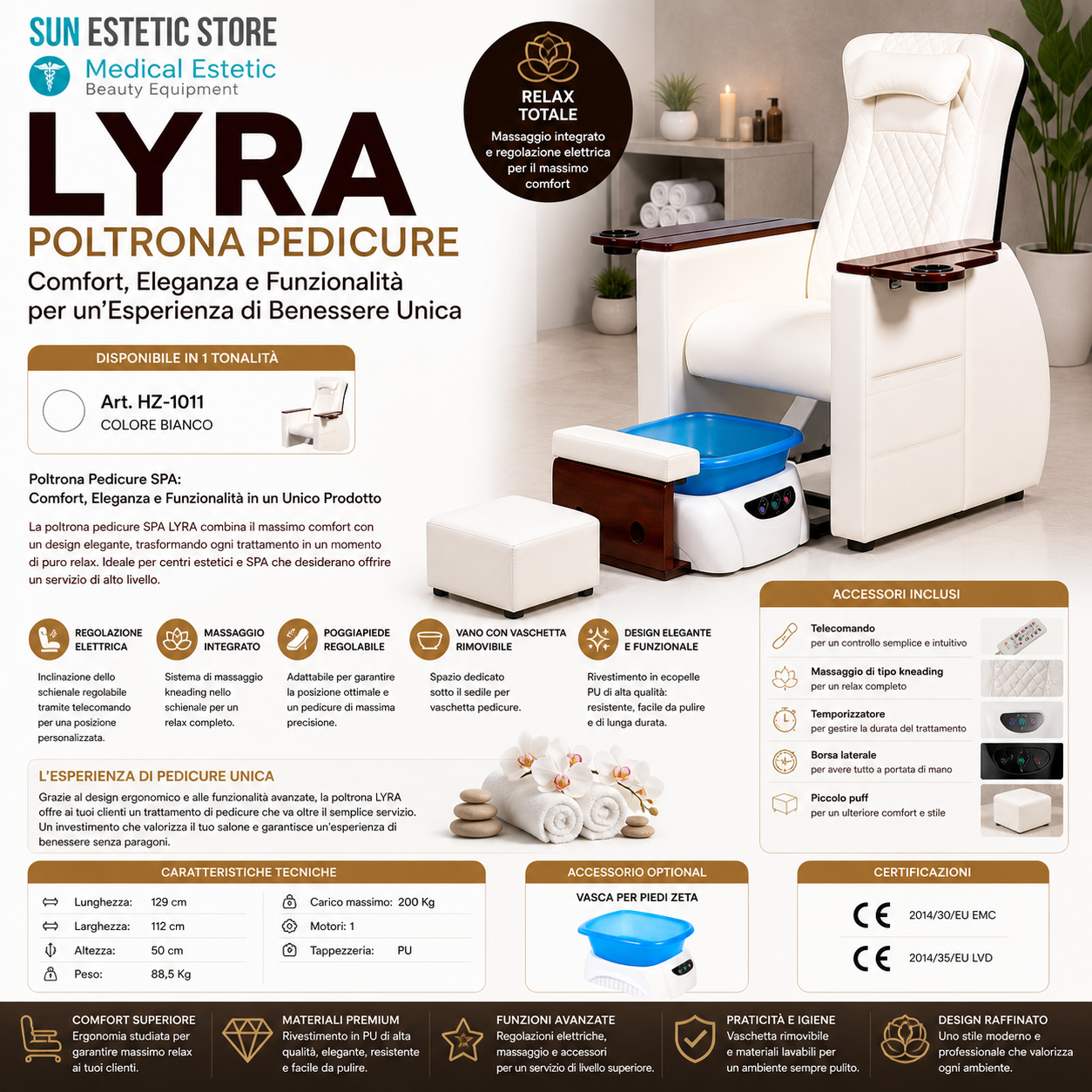 LIRA Poltrona pedicure SPA con massaggio shiatzu e sgabello integrato