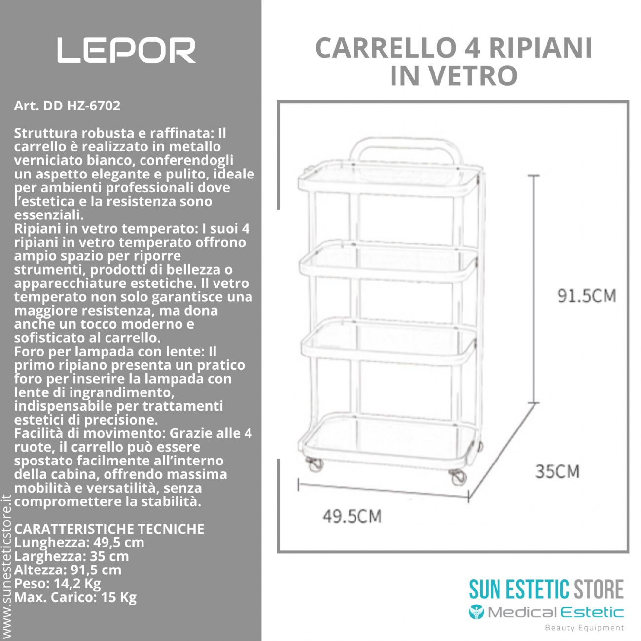 LEPOR Carrello in metallo con  4 ripiani in vetro