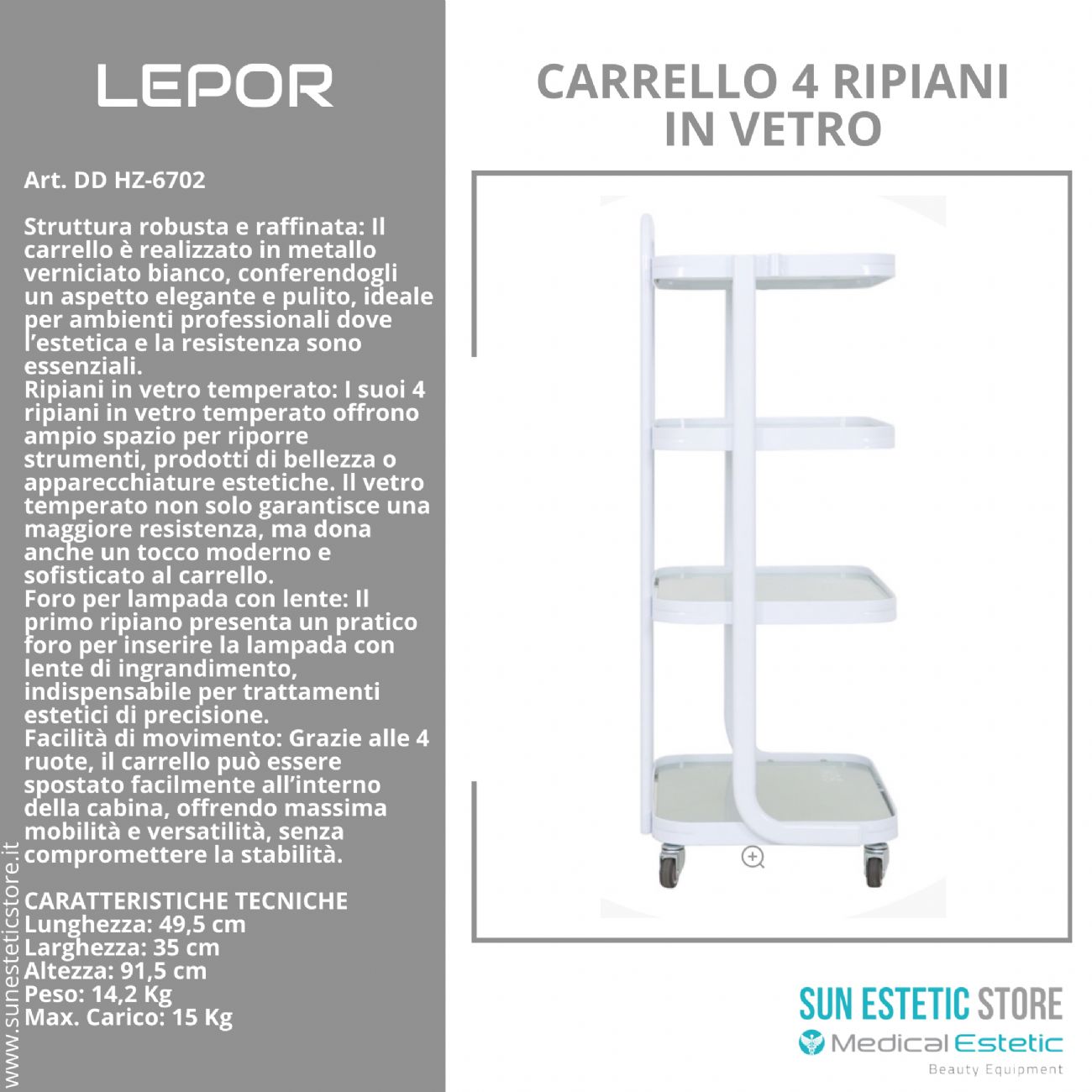 LEPOR Carrello in metallo con  4 ripiani in vetro