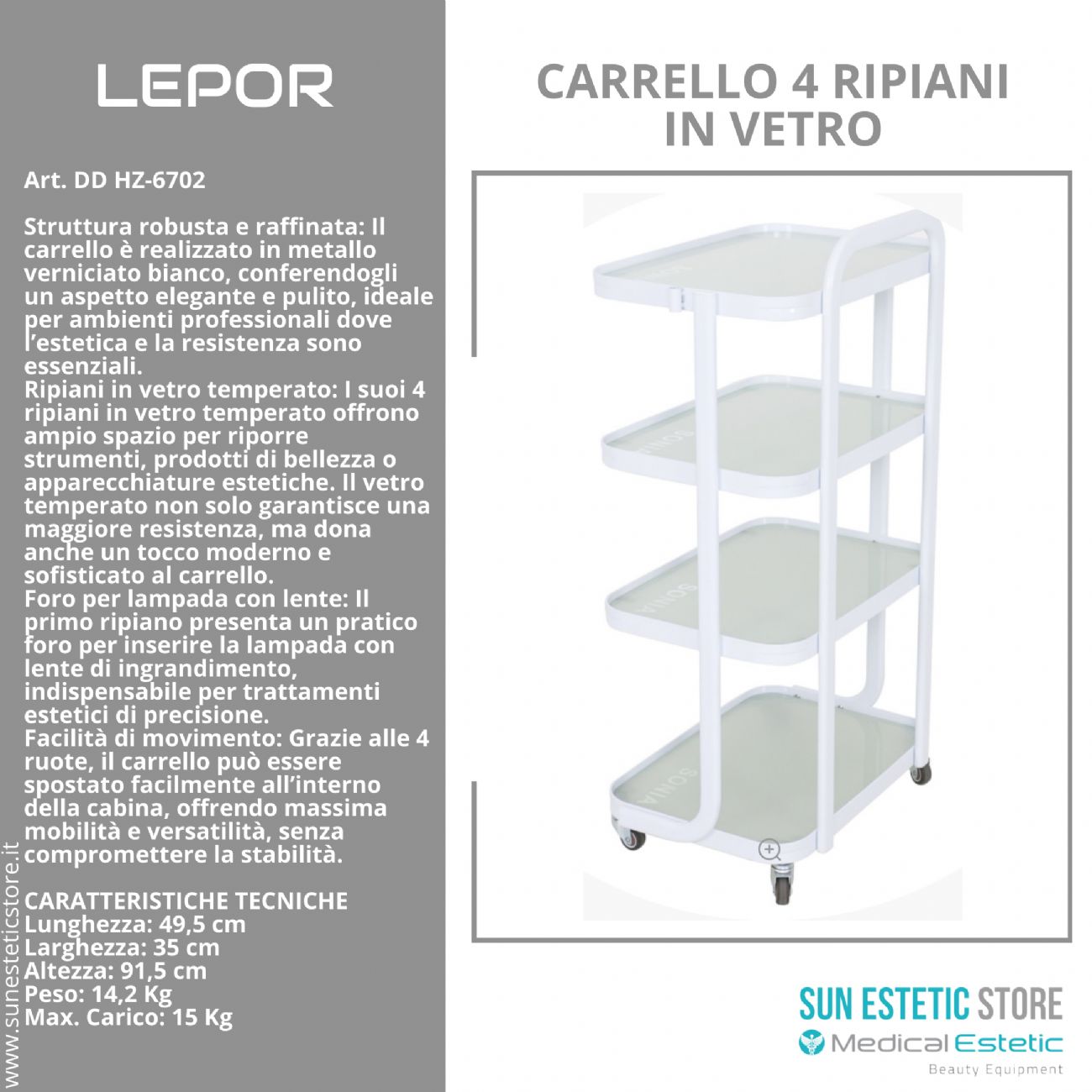 LEPOR Carrello in metallo con  4 ripiani in vetro