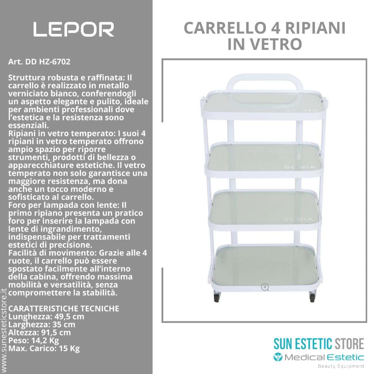 LEPOR Carrello in metallo con  4 ripiani in vetro