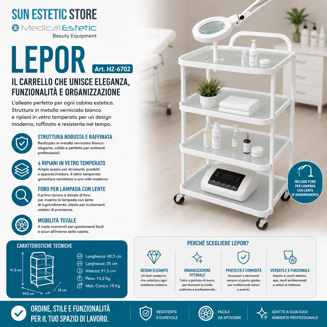 LEPOR Carrello in metallo con  4 ripiani in vetro
