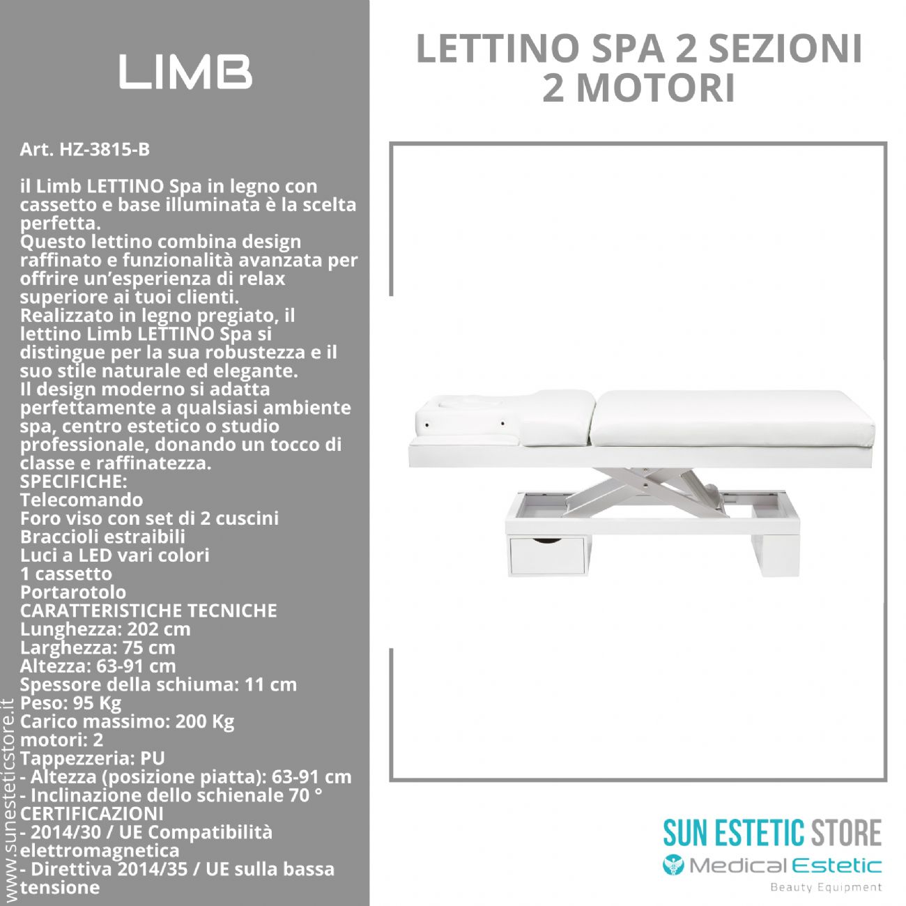 LIMB Lettino Spa in legno con cassetto base illuminata<br />regolabile 2 motori