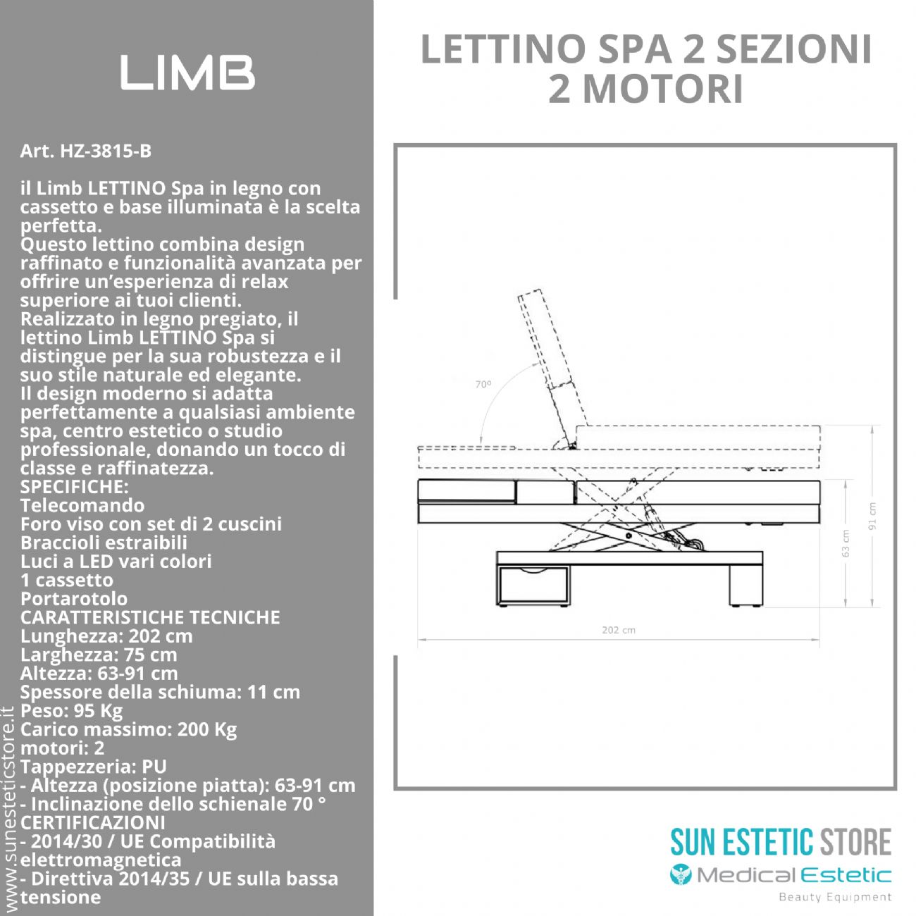 LIMB Lettino Spa in legno con cassetto base illuminata<br />regolabile 2 motori