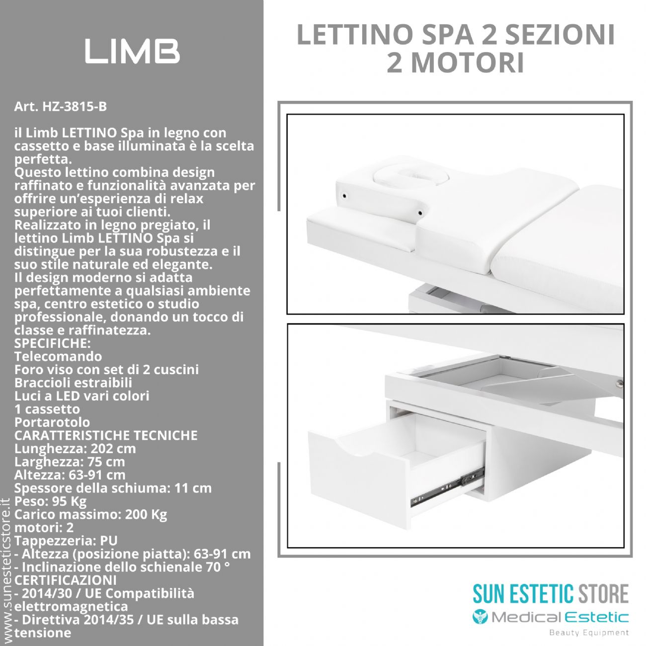 LIMB Lettino Spa in legno con cassetto base illuminata<br />regolabile 2 motori