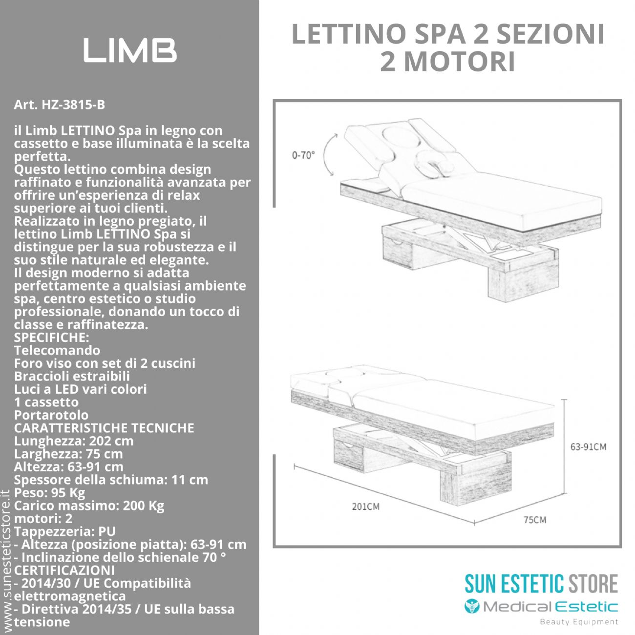 LIMB Lettino Spa in legno con cassetto base illuminata<br />regolabile 2 motori