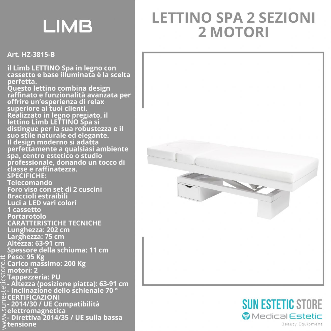 LIMB Lettino Spa in legno con cassetto base illuminata<br />regolabile 2 motori