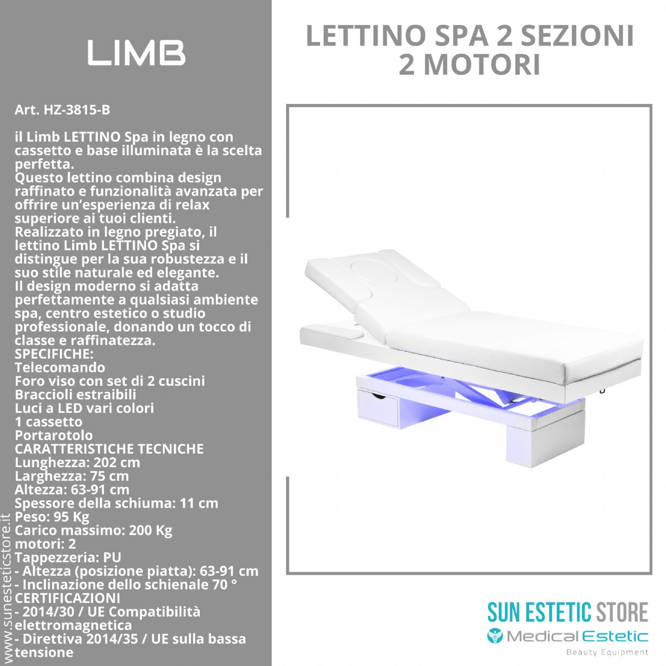 LIMB Lettino Spa in legno con cassetto base illuminata<br />regolabile 2 motori