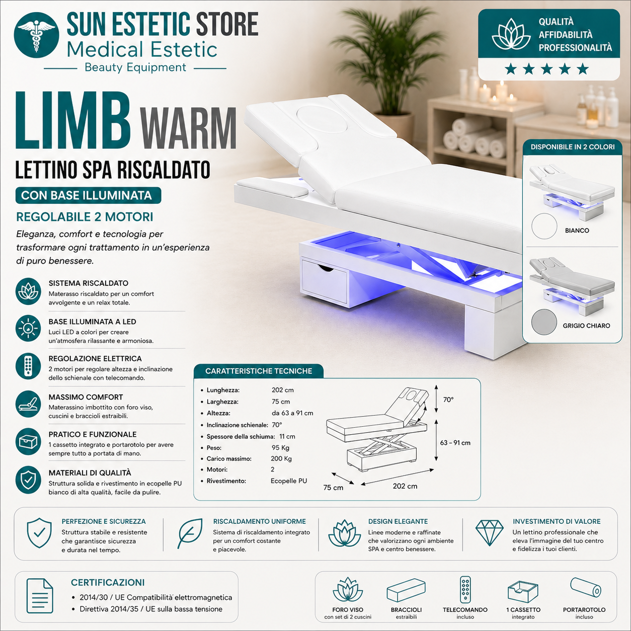 LIMB WARM Lettino Spa in legno con cassetto base illuminata<br />regolabile 2 motori termoriscaldato
