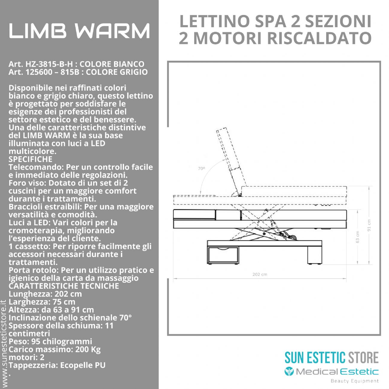 LIMB WARM Lettino Spa in legno con cassetto base illuminata<br />regolabile 2 motori termoriscaldato