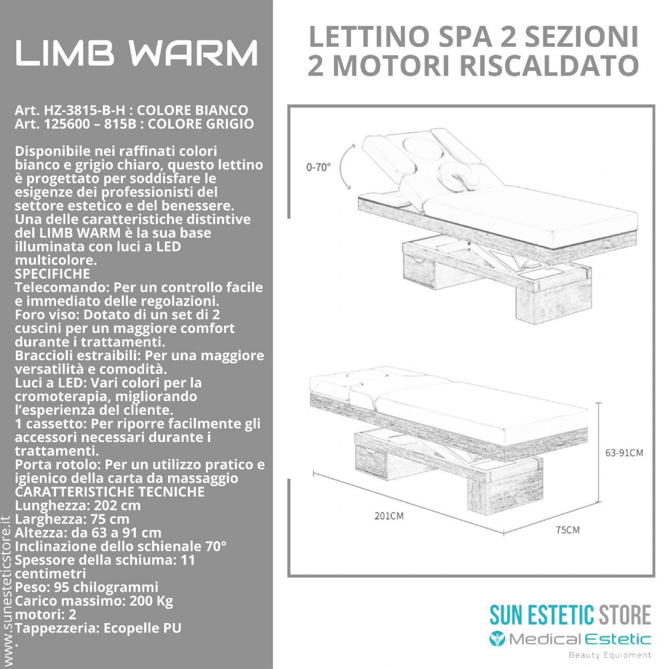 LIMB WARM Lettino Spa in legno con cassetto base illuminata<br />regolabile 2 motori termoriscaldato