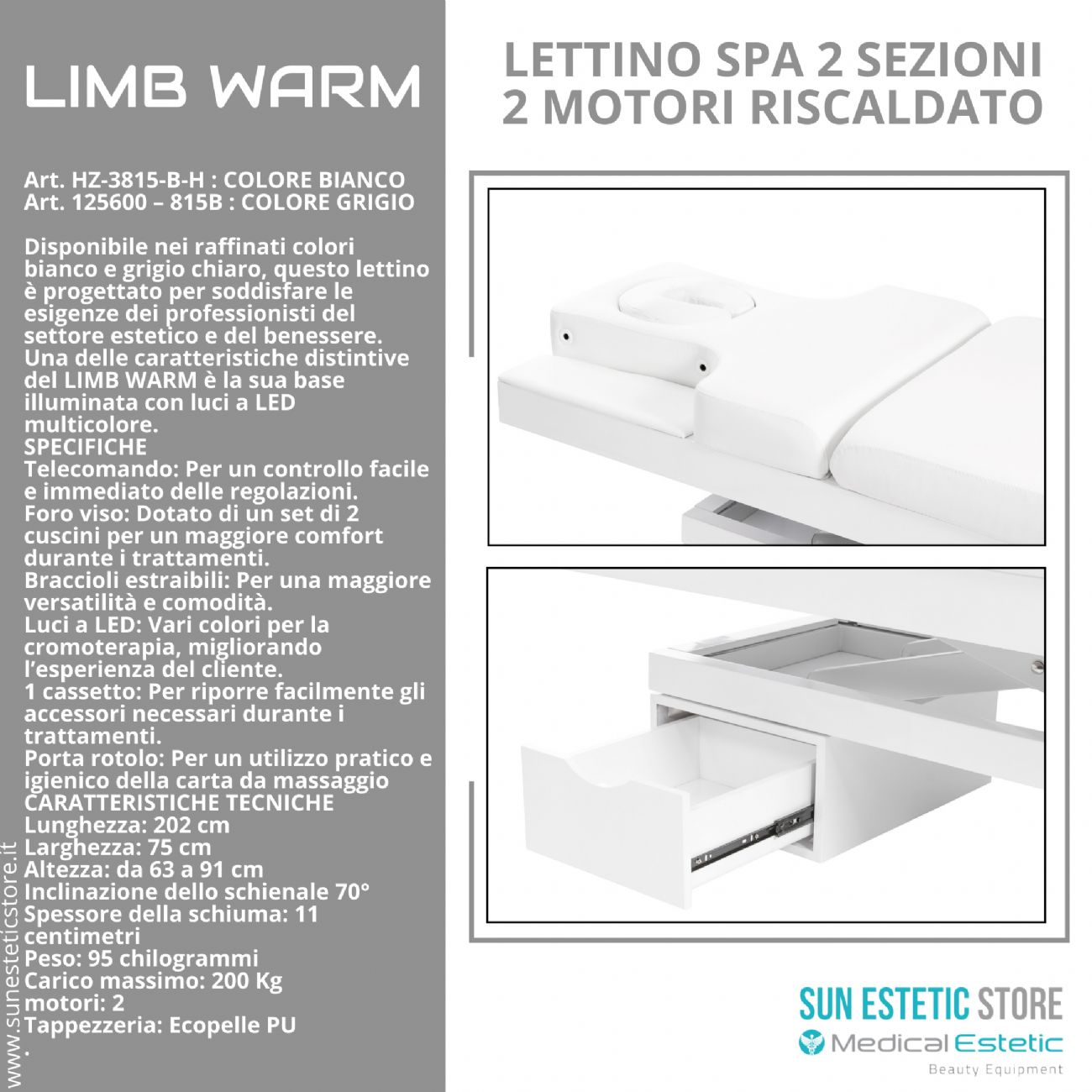 LIMB WARM Lettino Spa in legno con cassetto base illuminata<br />regolabile 2 motori termoriscaldato