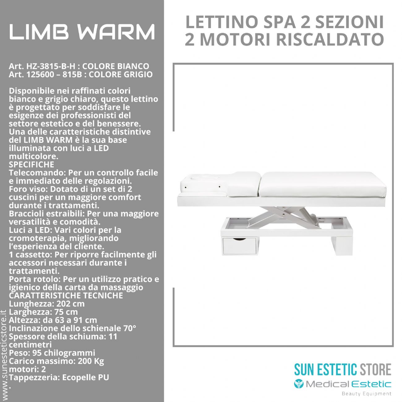 LIMB WARM Lettino Spa in legno con cassetto base illuminata<br />regolabile 2 motori termoriscaldato