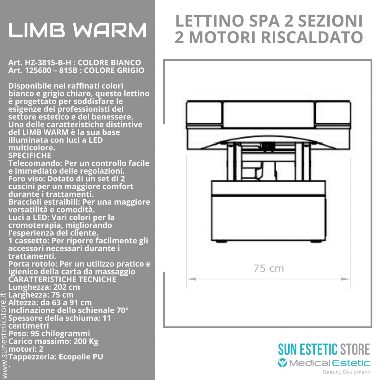 LIMB WARM Lettino Spa in legno con cassetto base illuminata<br />regolabile 2 motori termoriscaldato