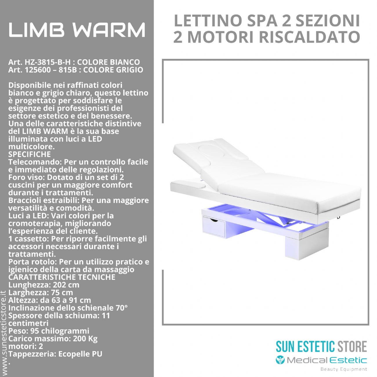 LIMB WARM Lettino Spa in legno con cassetto base illuminata<br />regolabile 2 motori termoriscaldato