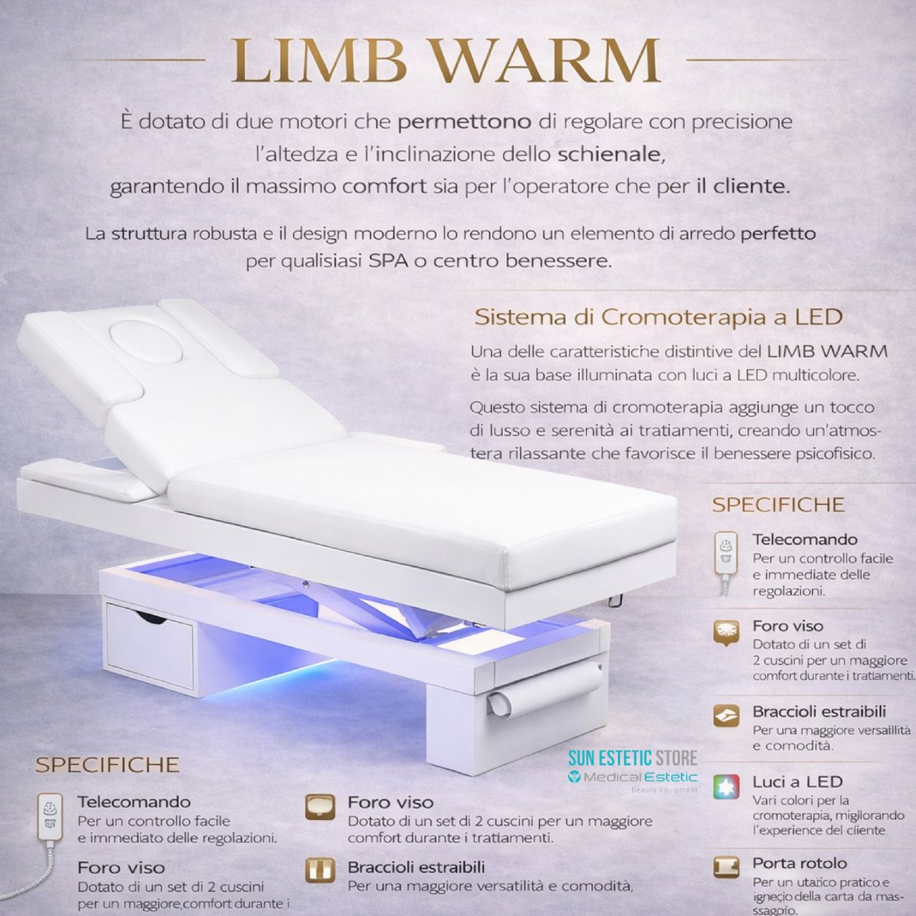 LIMB WARM Lettino Spa in legno con cassetto base illuminata<br />regolabile 2 motori termoriscaldato