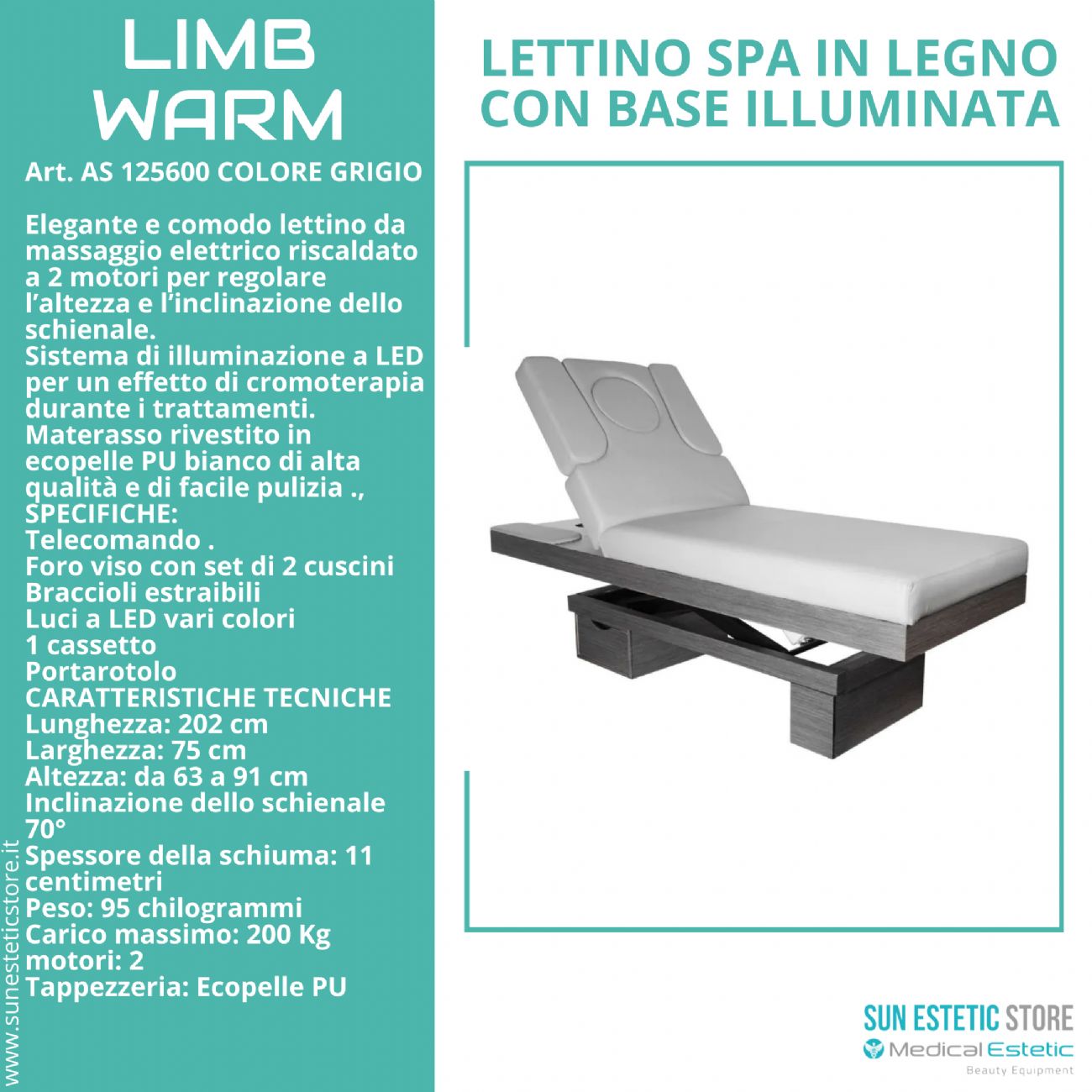 LIMB WARM Lettino Spa in legno con cassetto base illuminata<br />regolabile 2 motori termoriscaldato