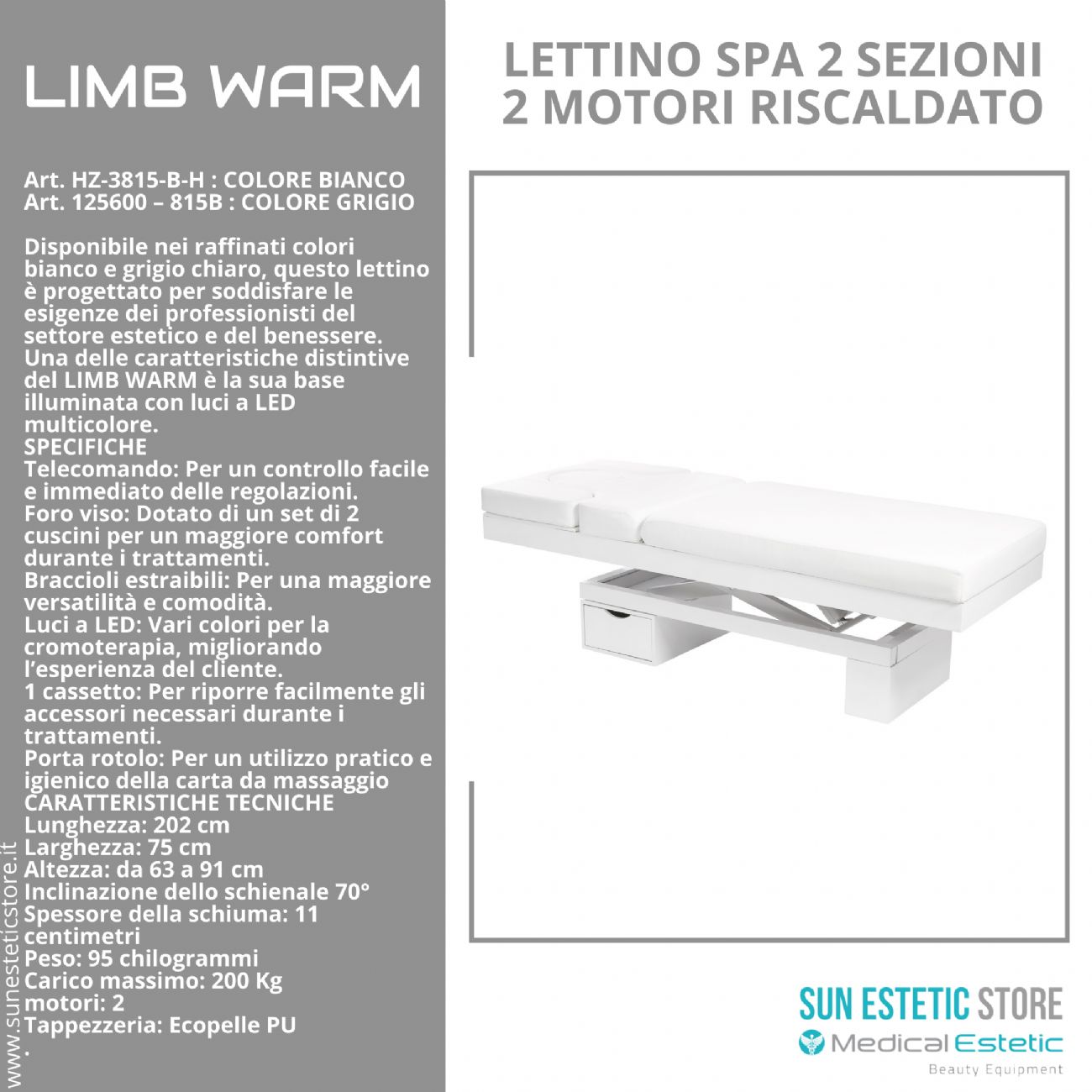 LIMB WARM Lettino Spa in legno con cassetto base illuminata<br />regolabile 2 motori termoriscaldato